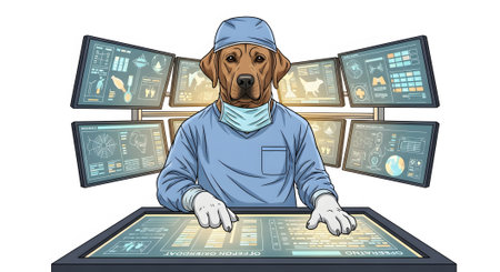 Labrador retriever dog wearing surgical scrubs cap face mask working at high tech futuristic operating room monitoring multiple screensの素材