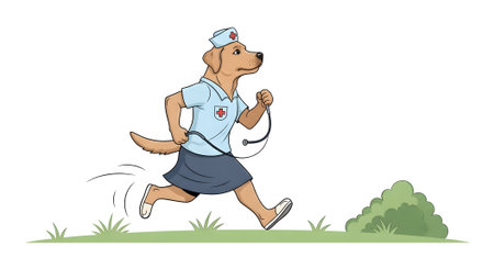 Fast nurse dog wearing uniform runs with stethoscope. Labrador medical professional moving quickly outdoors on green grass near bush.の素材