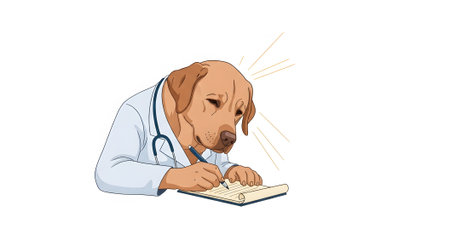 Loyal labrador dog wearing doctor uniform and stethoscope writing medical notes on patient chart Veterinarian animal expert focused concentrating on paperwork illustration.の素材