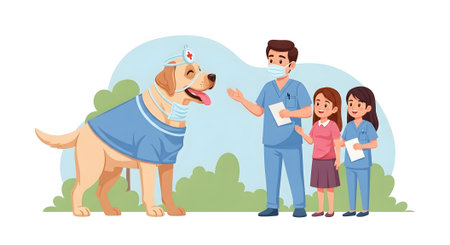 Therapy dog assisting healthcare professionals and child patient. Veterinarian team working outdoors with helpful canine. Safety and wellness consultation.の素材