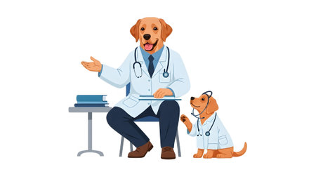 Senior veterinarian dog mentors young puppy doctor apprentice. Animal professionals sitting in office discussing medical records. Consultation and training concept.の素材