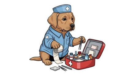 Adorable puppy nurse helping sick patient. Dog prepares bandages and medicine from emergency first aid kit. Veterinary pet healthcare mascot.の素材