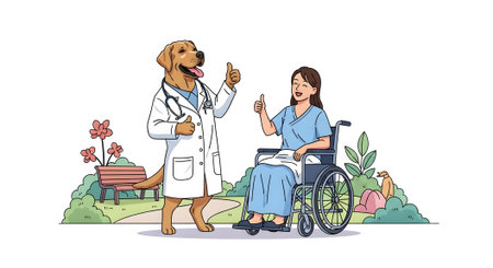 Golden Retriever therapy dog in doctors coat and stethoscope gives thumbs up to smiling female patient in wheelchair. Recovery outdoors assistance illustration.の素材