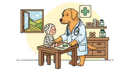 Compassionate canine physician treating small patient covered in bandages in medical examination room presenting prescription document for necessary treatment plan.の素材