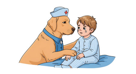 Gentle Labrador nurse dog providing emotional support to sad crying child patient. Nursing animal companion offering comfort and care. Compassion illustration.の素材