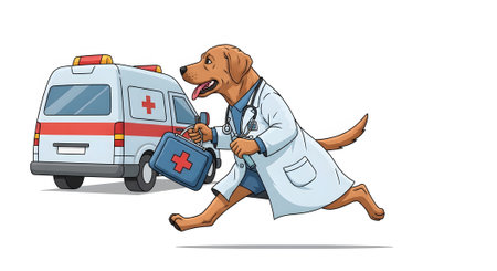 Veterinarian dog doctor rushing to emergency scene. Professional canine wearing lab coat running holding red cross first aid bag beside ambulance vehicle illustration.の素材
