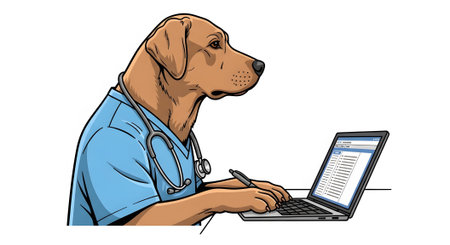 Canine medical professional reviews patient data on computer. Vet doctor uses technology for electronic records. Healthcare administrator handles digital tasks.の素材