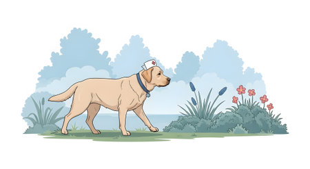 Yellow dog acting as nurse walks outdoors. Canine healthcare professional enjoys walk among bushes and flowers. Nature medicine illustration.の素材