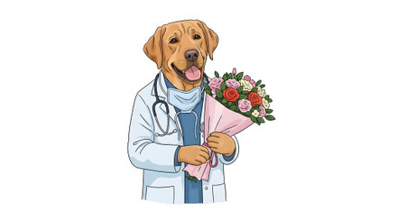 Cheerful dog doctor smiles holding fresh floral arrangement. Veterinarian wears lab coat and stethoscope celebrating success. Healthcare worker gift.の素材