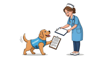 Professional female nurse interacts with cute Labrador puppy in training vest. Exchanging paperwork and patient documents during checkup.の素材