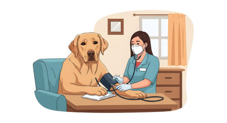 Female veterinarian nurse taking blood pressure reading of large labrador dog sitting patiently in armchair during medical examination visitの素材