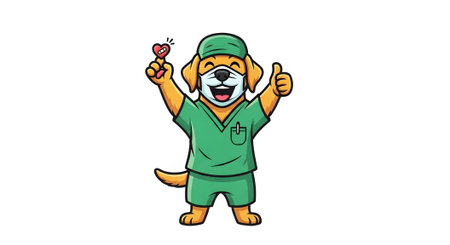 Adorable cartoon dog nurse in scrubs and mask holds heart symbol and gives thumbs up gesture. Veterinary mascot character promoting health and care.の素材