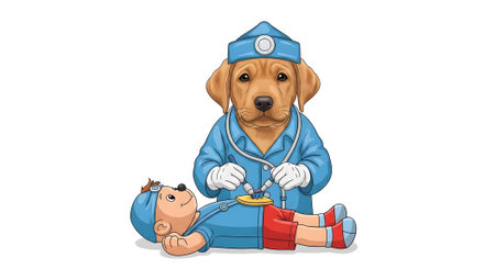 Anthropomorphic professional doctor dog performing emergency life saving procedure using defibrillator pads during critical care operation on small toy patient.の素材