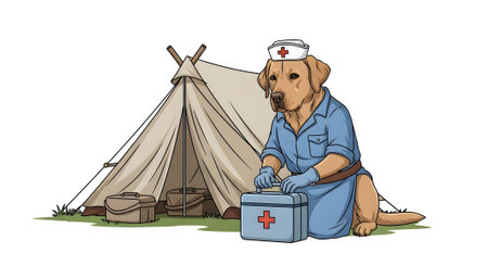 Caring Labrador nurse wearing traditional uniform and cap. Field dog opening medical kit near large canvas tent providing emergency disaster relief assistance.の素材