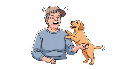 Elderly gentleman smiles broadly interacting with playful young puppy. Happy moment showing animal companionship and joyful senior life.の素材