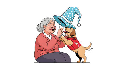 Cheerful elderly woman sitting and laughing while playing with her aide dog. Senior care companionship and fun time illustration.の素材