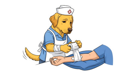 Labrador retriever dog nurse providing first aid bandaging arm. Cute animal cartoon character healthcare worker. Veterinary medical profession illustration.の素材