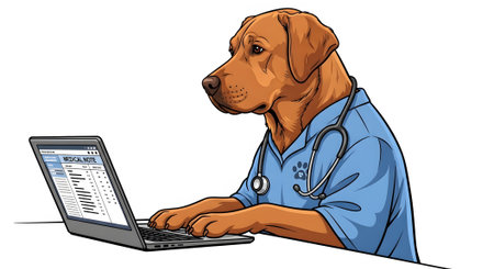 Serious brown Labrador doctor typing on laptop reviewing patient data medical notes EHR digital documentation healthcare professional animal.の素材