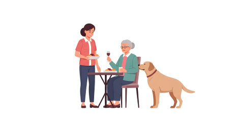 Young woman serving meal to elderly lady accompanied by loyal service dog. Care and assistance for senior citizens dining out or receiving home care meal.の素材