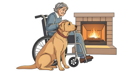 Senior woman enjoying warmth fireplace accompanied loyal therapy dog. Comforting companionship moments assisted living accessibility needs service animal concept.の素材