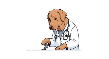 Compassionate dog doctor wearing white lab coat and stethoscope gently examining tiny small bird Veterinarian care for miniature feathered patient.の素材