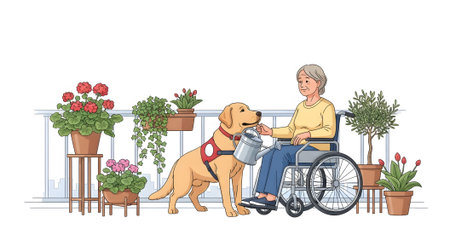 Happy senior woman in wheelchair enjoying gardening hobby Assisted by helpful companion service dog on sunny apartment balcony Disability support life.の素材