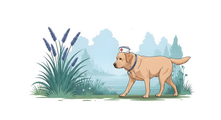 Labrador nurse walks through calm meadow landscape near lavender plants. Healthcare wellness concept veterinary profession nature scene.の素材