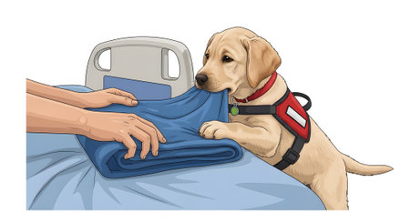 Assistance puppy wearing harness retrieving bedding from hospital bed. Canine helping hands providing comfort aid and support for patient.の素材