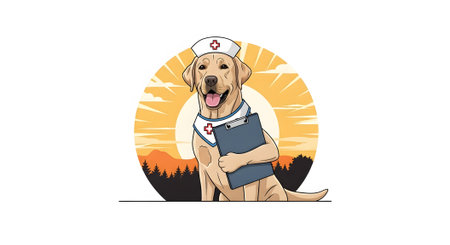 Labrador nurse character sitting holding documentation clipboard. Cute animal medical worker portrait framed by sun rays and outdoor landscape illustration.の素材