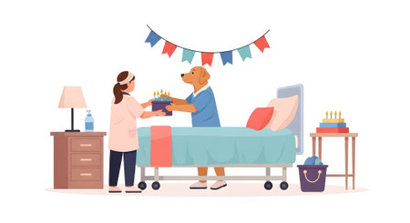 Nurse and kind service dog celebrate patient birthday by presenting cake with lit candles in hospital room. Cheerful recovery scene shows comfort and support.の素材