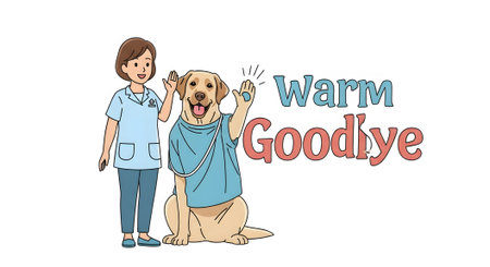 Nurse waves farewell to happy dog patient wearing recovery gown. Warm Goodbye message following veterinary clinic discharge. Friendship kindness care.の素材