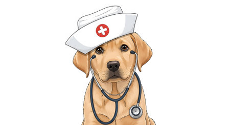 Sweet young Labrador puppy portrait. Cute canine wearing nurse cap with red cross and stethoscope. Dedicated veterinary assistant concept.の素材