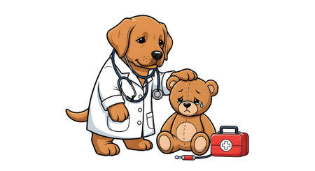 Adorable puppy doctor in lab coat and stethoscope gently comforts sad crying teddy bear patient. Pediatric medicine and veterinary care concept illustration.の素材