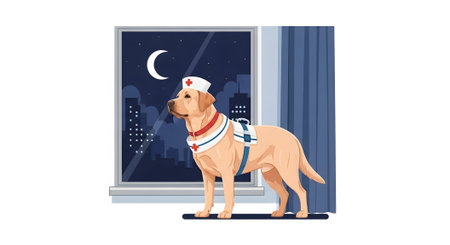 Labrador service animal on evening duty wearing nurse cap and medical harness. Loyal companion protecting while city sleeps. Nighttime dedication.の素材