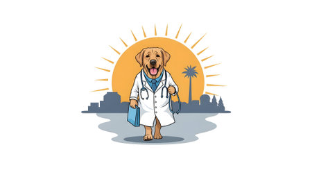 Smiling labrador dog veterinarian doctor in white coat carrying medical bag Walking toward bright sunny future in urban tropical setting Healthcare professional logo concept.の素材
