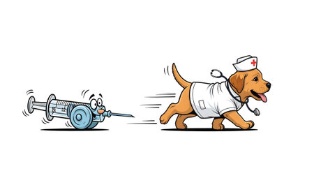 Funny illustration featuring a playful dog nurse running scared from a giant syringe pursuing vaccination shot. Concept of injection fear or veterinary humor.の素材