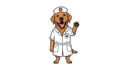 Cheerful Labrador nurse mascot standing happily welcoming patients. Canine medical professional wearing traditional white nurse uniform and hat illustration.の素材
