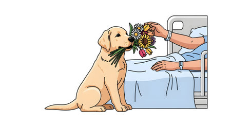 Adorable Labrador puppy delivering bouquet flowers while sitting next to hospital patient bedside. Providing comfort and emotional support illustration.の素材