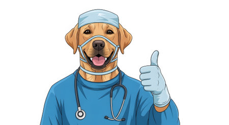 Canine medical professional wearing surgical cap and scrubs giving positive thumbs up gesture. Veterinary specialist ready for procedure operation.の素材