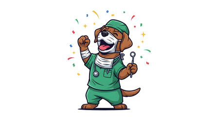 Cheerful doctor dog mascot celebrating achievement. Veterinarian professional wearing green surgical scrubs mask holding dental tool confetti background.の素材