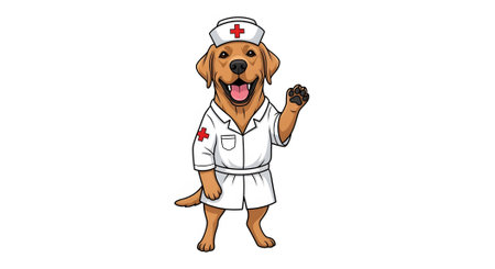 Smiling Labrador dog nurse standing tall and waving paw in welcome gesture. Professional canine medical helper mascot. Friendly veterinary assistant.の素材
