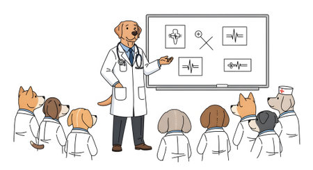 Professional veterinarian professor dog teaches students about medical graphs on whiteboard. Canine classroom setting education and instruction.の素材