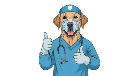 Portrait of professional dog doctor in blue surgical scrubs mask and cap giving cheerful double thumbs up gesture. Successful operation concept.の素材