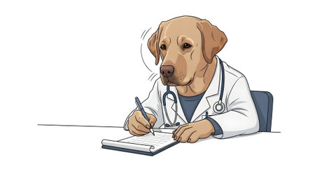 Professional canine doctor sitting at desk performing administrative duties writing patient information and diagnosis on a paper chart using pen and clipboard.の素材