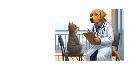 Retriever veterinarian wearing lab coat conducts thorough checkup of tabby cat patient. Animal doctor taking notes during health exam. Pet care illustration.の素材