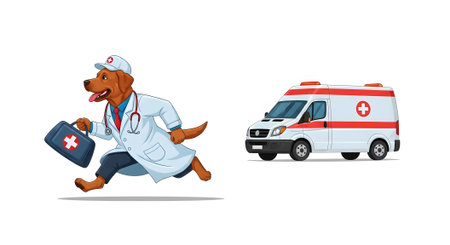 Doctor dog running fast carrying medical bag beside ambulance Quick emergency response healthcare professional Life saving animal hero.の素材