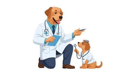 Veterinarian doctor dog mentoring young puppy trainee. Professional canine wearing lab coat teaching little dog holding stethoscope during medical lesson illustration.の素材