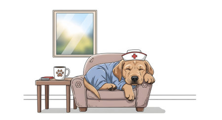 Cute golden retriever puppy nurse resting after busy day. Tired dog wearing scrubs takes nap in soft chair. Professional service animal illustration.の素材
