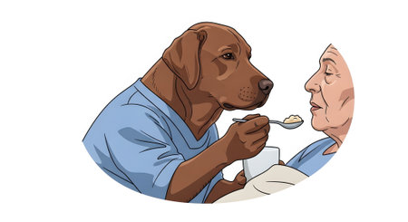 Loving brown Labrador assistance dog providing palliative care for aged woman Service animal wearing scrubs spoon feeding patient during hospital stay.の素材