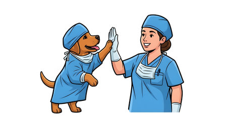 Female surgical staff member performs high five with happy puppy in scrubs. Operating room teamwork success professional medical illustration.の素材